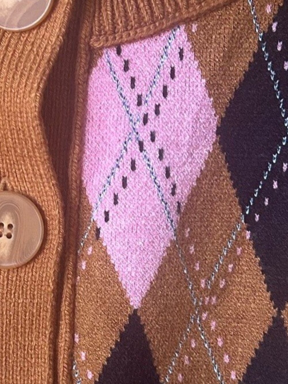 ANTHROPOLOGIE Maeve Argyle Cardigan Button Up Sweater Pink Brown Black Sz S EUC - Picture 4 of 8